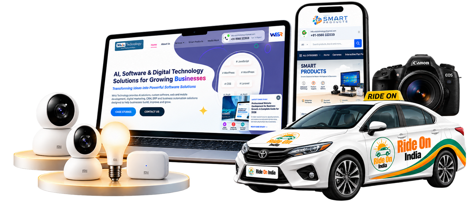 WSSR Group website on laptop, Smart Products on mobile and RideOn India mobility services
